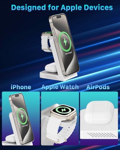 Revolutionize Your Charging Experience with the 3-in-1 Magnetic Wireless Charging Station – Fast 15 W Power for i Phone 16/15/14/13/12, 5 W Speed for Apple Watch, and Air Pods Compatibility – Includes 30 W USB-C Charger for Ultimate Efficiency and Portability – Sleek Design for Modern Spaces