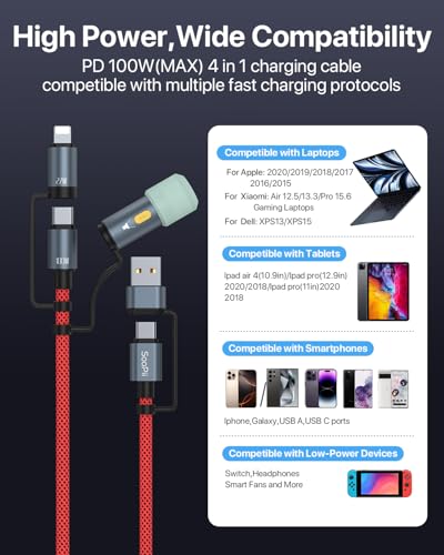 SOOPII 100 W 6.6 FT 4-in-1 Multi-USB C Charging Cable – Fast Charging Solution with USB-C, USB-A, and Lightning Connectors – Durable Nylon Braided Design for Phones, Tablets, and Laptops – Ultimate Versatility for Home and Travel