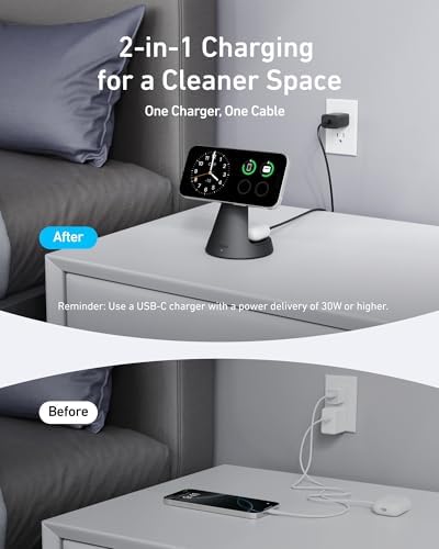 Anker 2-in-1 Mag Safe Wireless Charging Stand for i Phone 16, Qi2 Certified 15 W Ultra-Fast Charger, Adjustable Design with Dual Functionality for i Phone and Air Pods, Sleek Black Finish – Optimal Speed and Style for Modern Devices
