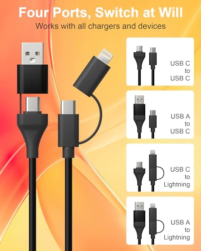 Revolutionary 4-in-1 Coiled Charging Cable: USB, USB-C & Lightning Combo for Seamless Apple Car Play & Android Auto Compatibility – 5 FT, 60 W Fast Charging Multi-Device Cord for i Phone, Samsung, i Pad, Mac Book – Tangle-Free Travel Solution