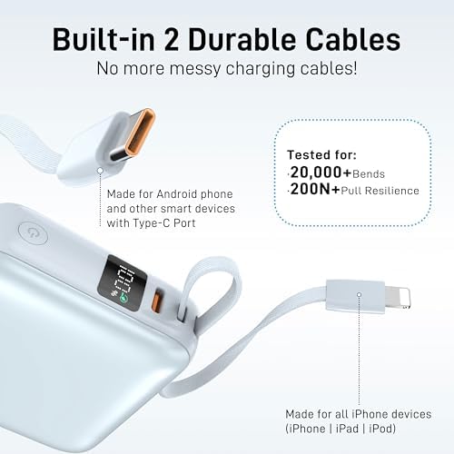 Ultra-Fast 22.5 W Mini Power Bank: 10,000 m Ah Portable Charger with Built-in Cables & LED Display | Charge 3 Devices Quickly | Sleek Design for Travel | Ideal for i Phone, Samsung, Android | Durable & Safe Power Supply for Everyday Use