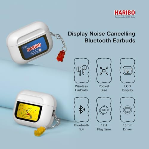Haribo Gummy Bear Wireless Earbuds – Bluetooth 5.4 Noise Cancelling Headphones with IPX4 Water Resistance, 13 mm Bass for Deep Sound, and LCD Touchscreen Charging Case for Effortless Audio Experience