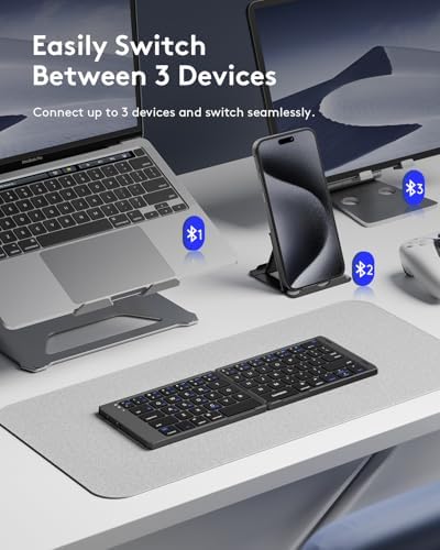 Samsers Portable Foldable Bluetooth Keyboard with Phone Holder – Rechargeable Multi-Device Compatible Wireless Keyboard for i Pad, i Phone, Mac Book, Android & Windows – Ideal Travel Companion for Efficient Typing