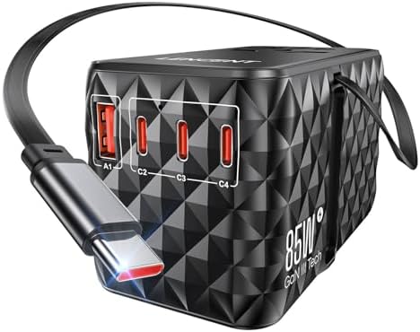 85 W Universal Travel Power Adapter with Retractable USB-C Cable – Optimal Fast Charging Hub for Global Use, Featuring 4 Ports for Seamless Connectivity in US, EU, UK & Beyond, Engineered for On-the-Go Professionals Seeking Efficiency and Versatility