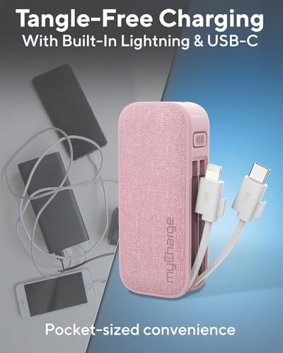 Compact Pink my Charge Power Hub Mini Portable Charger – 3000 m Ah Fast Charging Power Bank with Built-in Lightning & Type C Cables for On-the-Go Charging – Turbo USB C Technology for Enhanced Compatibility and Efficiency