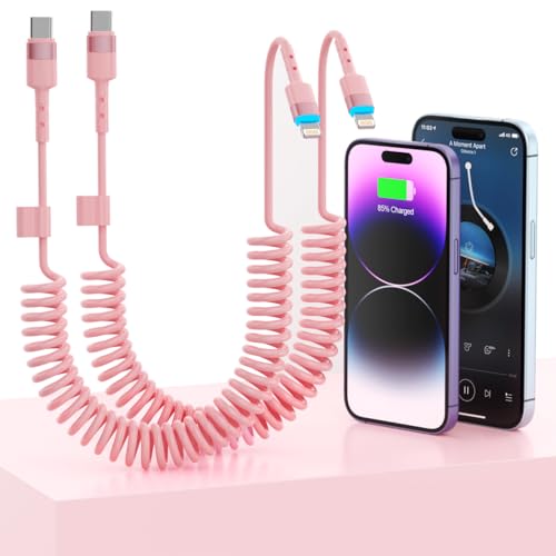 2-Pack Retractable Coiled USB-C to Lightning Charger Cable for i Phone – MFi Certified Fast Charging Solution for i Phone 14/13/12/11 SE/Xr & i Pad – 4 Ft Pink Car Play Cable for Uber and On-the-Go Syncing – Durable, Tangle-Free Design for Ultimate Portability and Efficiency