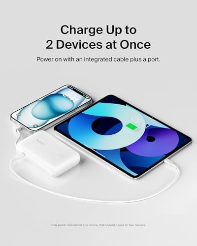 Belkin 10,000 m Ah Portable Charger – Fast Charge Power Bank with Integrated Cable for i Phone 16, i Pad Pro, Galaxy S25 – 20 W USB-C Power Delivery – Lightweight Pink Design for Ultimate Portability and Versatile Compatibility