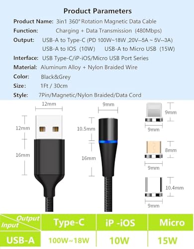 Magnetic 3-in-1 Charging Cable Set – 5 Pack of 1 Ft Durable Nylon Braided Fast Charge Cables for USB Type-C, Micro USB & i OS Devices – 360° Magnetic Connection for Hassle-Free Power on the Go