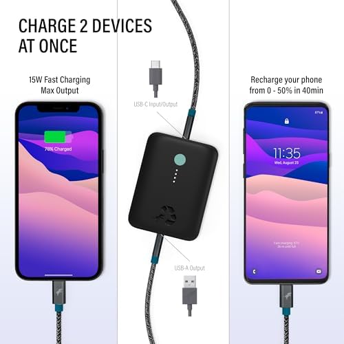 Champ Lite Ultra-Compact 5200 m Ah Fast Charge Power Bank – 15 W Dual USB-C & A Ports, Essential Travel Battery Pack for i Phone, Galaxy, Pixel, Mac Book, i Pad, Kindle, Air Pods & More – Lightweight Portable Charger with Charging Cable for On-the-Go Energy Solutions