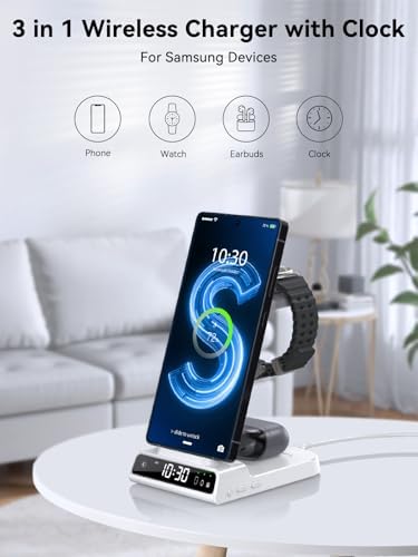 Upgrade Your Charging Experience with the Premium 3-in-1 Wireless Charger Station for Samsung Devices – Ultra-Fast Dock for Galaxy S24 Ultra, S23 Ultra, Z Flip 6, Fold 5, Galaxy Watch 7/6/5 Pro, and Buds – Modern Wood Grain Design with Integrated Clock for Enhanced Organization and Style