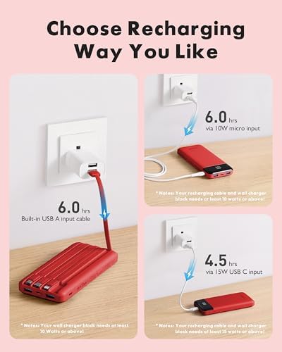 Ultra-Slim 10,000 m Ah Portable Power Bank with Built-In Charging Cables – 6 Outputs, 3 Inputs, Fast 3 A Charging for Universal Device Compatibility – Essential Travel Battery Pack for i Phone, Samsung, Google Pixel, LG, and More