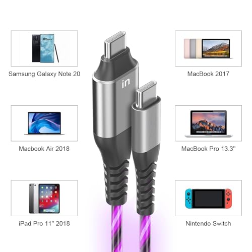 Elevate Your Charging Game with the 6 FT LED USB C to USB C Cable – 60 W/3 A Rapid Charging Solution for Mac Book Pro, i Phone 15, i Pad 10, Samsung Galaxy S21/S22/S23 | Stylish Purple Design, Enhanced Durability & Seamless Compatibility for All Your Devices