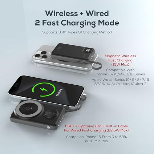 TETON ELECTRONICS 5-in-1 Mag Safe Power Bank – 10,000 m Ah Magnetic Wireless Charger with 22.5 W USB-C Fast Charging for i Phone 12-16 & Apple Watch – Ultimate On-the-Go Charging Solution with Built-In Cables, Enhanced Compatibility, and Sleek Design