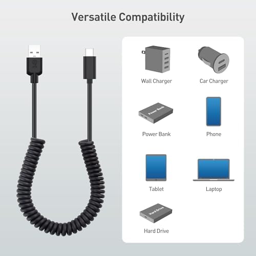 Cable Matters 2-Pack USB to USB C Coiled Cable with 3A/15W Fast Charging 1-4ft, Support Apple CarPlay, Android Auto, Coiled USB-A to USB-C Cable, for iPhone 16/15 Pro Max Plus, Galaxy S23, iPad – Enhanced Compatibility and Speed