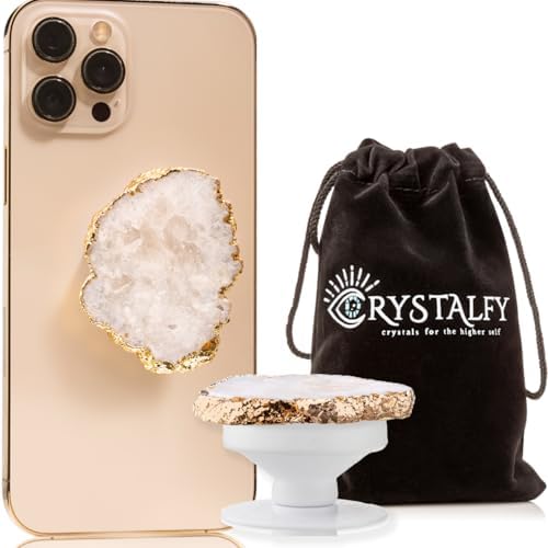 Transform Your Mobile Experience with CRYSTALFY White Clear Quartz Druzy Crystal Phone Grip – Versatile Kickstand & Unique Gemstone Top for i Phone, i Pad, Kindle & More – Handcrafted Natural Accessory with Enhanced Adhesion and Customizable Design – Perfect for Style, Functionality, and Gifting