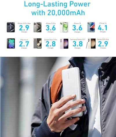 Anker Power Core Essential 20 K Portable Charger – 20,000 m Ah High-Capacity Power Bank with 15 W Fast Charging, Dual USB-A Outputs, USB-C Input/Output for i Phone, Air Pods, and More – Ultimate Travel Companion for Uninterrupted Connectivity