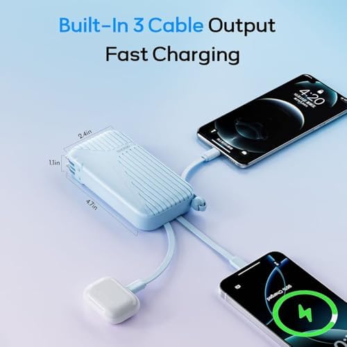 Compact 27 W Fast Charging Power Bank with Built-in Cables – 10,000 m Ah Portable Charger for i Phone & Android – Effortless Multi-Device Charging with 4 Outputs & 2 Inputs – Essential Travel Battery Pack for i Phone 16/15/14 and Newer – Durable Design for On-the-Go Energy Solutions
