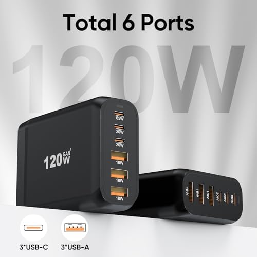 High-Power USB C Charging Station 120 W – 6-Port Ga N III Multi-Device Charger Hub with 65 W Fast Charging for i Phone 16/15, i Pad, Android & More – Smart Tech for Optimal Performance and Safety