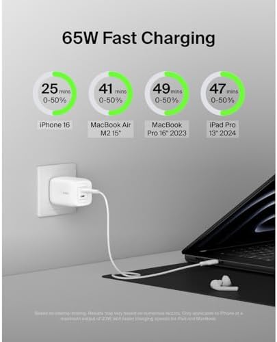 Belkin 65 W Dual USB-C Fast Charger Block – Super Charging PD3.0 with Ga N Efficiency for i Phone 16, Samsung Galaxy S25, Mac Book & More – Dual Port Power Adapter for Rapid Device Charging – Sleek White Design for Modern Aesthetics – Ideal for Multitasking and On-the-Go Lifestyle