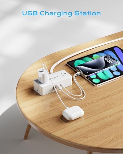 Kakyanill Compact Surge Protector Power Strip with 4 AC Outlets and Dual USB-C Ports – 5 ft Flat Extension Cord for Space-Saving Convenience and 900 Joules Protection – Ideal for Home, Office, and Dorm Room Use – Sleek White Design for Modern Living