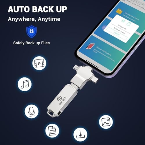 Ultimate 128 GB Photo Stick – Effortless Auto Backup USB Drive for i Phone, i Pad, Android & PC – 4-in-1 Memory Saver for Quick Photo & Video Protection – Compact External Storage Solution for All Devices