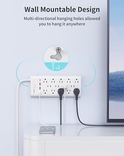 Ultimate Surge Protector Power Strip with 14 Outlets & 4 USB Ports (2 USB-C) – 6 Ft Flat Plug Extension Cord, 1700 Joules Protection, Wall Mountable – Ideal for Home, Office, and Dormitory Charging Solutions