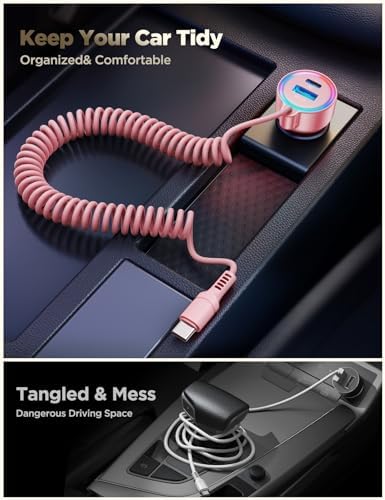 High-Speed USB C 72 W Car Charger for i Phone 16 Pro Max Plus & Multi-Device Compatibility – Rapid PD & QC3.0 Charging with 5 ft 36 W Type C Coiled Cable for Samsung Galaxy S24/S23/S22, Pixel, Moto, LG, and More – Ultimate Travel Accessory for Uninterrupted Power on the Go