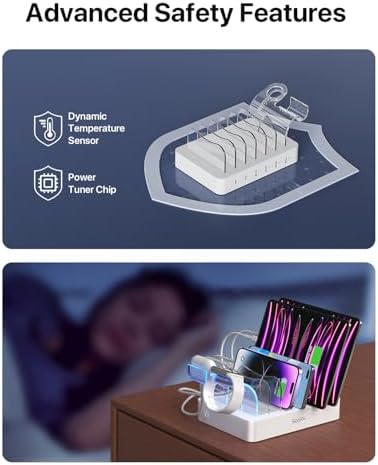 Soo Pii Elegant Pink 6-Port USB Charging Station Organizer – Fast Multi-Device Charging Hub with 6 High-Speed Cables and i-Watch Holder – Ultimate Solution for Neat Workspaces and Efficient Device Management