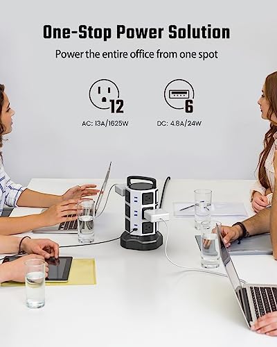 JACKYLED Power Strip Tower Surge Protector with 12 Outlets and 6 USB Ports (2 USB-C) – High-Speed Charging Station with 1050 Joules Protection, 1625 Watts, 6.5 ft Extension Cord for Enhanced Home Office Efficiency and Device Safety