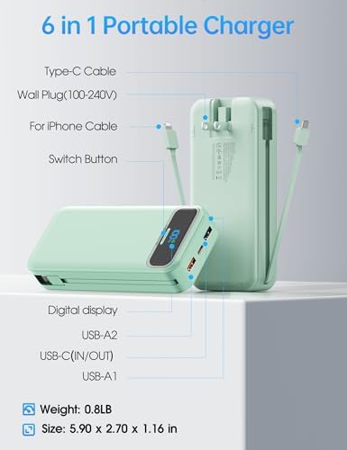 Ultra-Compact 12000 m Ah Power Bank with Built-in Charging Cables & AC Plug – 20 W PD Fast Charging for i Phone, Samsung, Android, USB-C Devices – Travel-Friendly External Battery Pack in Purple – Unmatched Portability and Efficiency for On-the-Go Charging Solutions