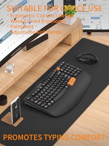 Revolutionize Your Workspace with the Ergonomic Wireless Keyboard – Comfort-Driven Design with Wave Keys & Cushioned Wrist Rest for Effortless Typing, 2.4 GHz Connectivity for Windows & Mac OS, Stylish Black & Orange Finish – Spill-Resistant & Built for Longevity