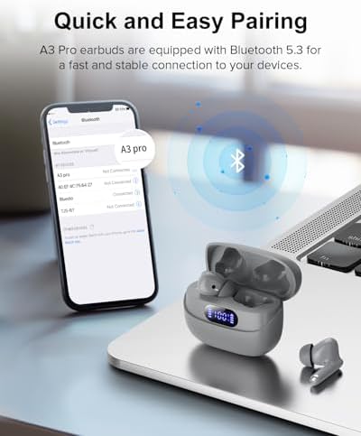 Sleek Rose Gold Wireless Earbuds with Bluetooth 5.3 | 42-Hour Long Battery Life & IPX7 Waterproof Design | Premium Noise Cancelling Earphones for Exceptional Audio | Intelligent LED Display for Seamless Connectivity on i OS & Android