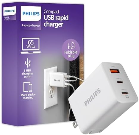 Philips 65 W Ga N Fast Charging Wall Charger – 3-Port USB-C & A Power Adapter for i Phone 15/16 Series & i Pad Pro – Compact, Foldable Design for Ultimate Portability – Efficient Multi-Device Charging Solution
