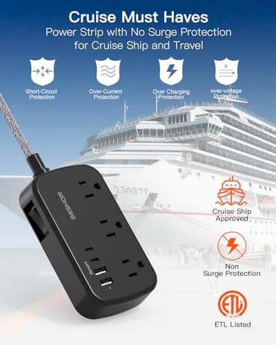 BESHON 5 FT Flat Plug Power Strip with 6 Outlets and 4 USB Ports – Ideal Travel Companion for Dorm Rooms and Cruise Ships, Space-Saving Design for Enhanced Accessibility and Fast Charging