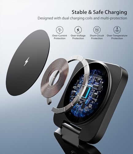 Magnetic 3-in-1 Wireless Charging Station for i Phone 15/14/13/12 Pro Max, Apple Watch 9/8/7/6/5/4/3/2 SE, and Air Pods Pro 3/2 – Fast, Portable, and Stylish Charger for All Your Apple Devices (Black) – Ultimate Charging Convenience with Enhanced Compatibility and Foldable Design