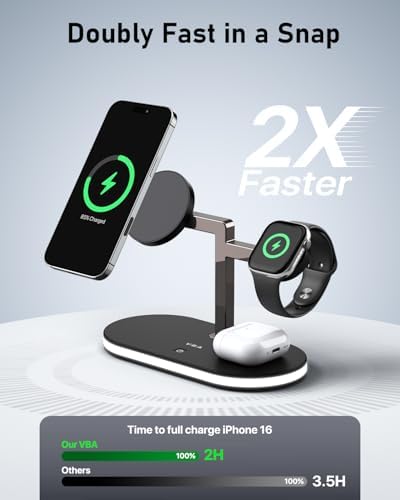Revolutionary 4-in-1 Magnetic Wireless Charging Station for Apple Devices – Fast, Space-Saving Charger with Touch-Control Night Light for i Phone 12-16 Series, Apple Watch, Air Pods Pro 2/3/4, and More – Enhanced Compatibility & 25% Faster Charging (Black)