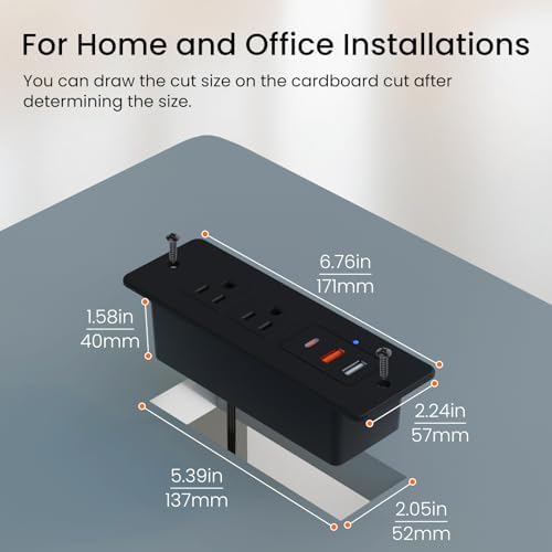 Recessed Power Strip with 15 W Wireless Charging & PD20 W USB-C Fast Charge – Sleek Flush Mount Design for Nightstands, Sofas, and Tables – Maximize Space and Efficiency with Dual Outlets and USB Ports for Ultimate Convenience