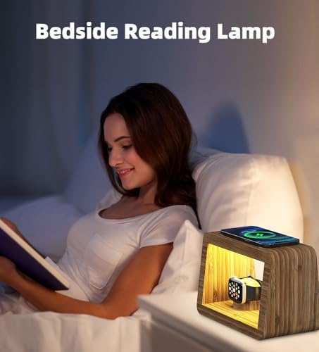 Eco-Friendly Bamboo Charging Station with 15 W Fast Wireless Charging, Adjustable Night Light & Multi-Device Compatibility for i Phone, i Watch, Air Pods, and Samsung – Sleek Nightstand Solution with 3 Color Modes and 4 Brightness Levels, Includes Adapter for Enhanced Efficiency