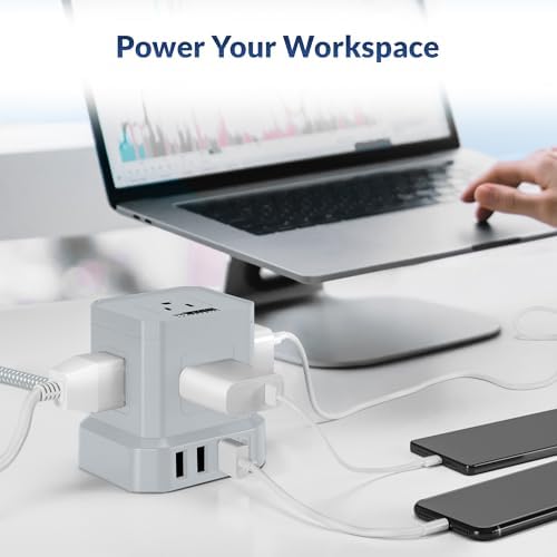 Uncaged Ergonomics Cube Power Strip with 10 ft Extension Cord – Surge Protected Charging Station Featuring 5 AC Outlets, 3 USB Charging Ports (1 USB-C Fast Charger) and On/Off Switch for Ultimate Convenience and Safety