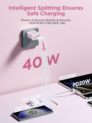 Aioneus 40 W USB C Fast Charging Block – 4-Port Dual PD & QC Wall Charger for i Phone 11-16, i Pad & Samsung Devices – Compact, High-Performance Power Adapter with Enhanced Safety Features for Home & Travel
