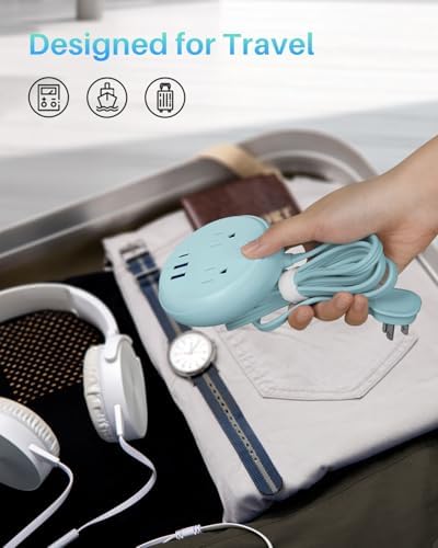 KOOSLA Compact Flat Plug Power Strip with USB C Ports – 2 AC Outlets & 3 Fast-Charging USB Ports for Ultimate Travel Convenience – 1250 W Capacity, 5 ft Cord – Ideal for Cruise Ships, Dorms, Homes, & Offices – Lightweight, Space-Saving Design for Multi-Device Charging