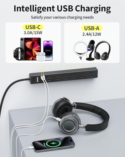 Dual Pack Surge Protector Power Strip with 7 Outlets & 4 USB Ports (2 USB-C) – 6 Ft Flat Plug Extension Cord for Ultimate Device Charging Efficiency – 1875 W/15 A, 1700 Joules Protection, Wall-Mountable for Home, Office, & Dorm Spaces – Sleek Design for Space Optimization and Safety