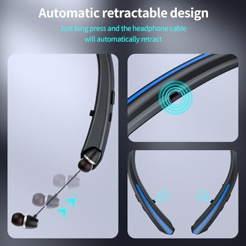 Elevate Your Active Lifestyle with Retractable Bluetooth Neckband Headphones – IPX5 Sweatproof Earbuds Featuring Noise Cancelling Technology, Vibration Alerts, and Built-in Microphone for Ultimate Hands-Free Convenience During Sports and Workouts (Black Blue) – Unmatched Performance and Compatibility for Audiophiles on the Go