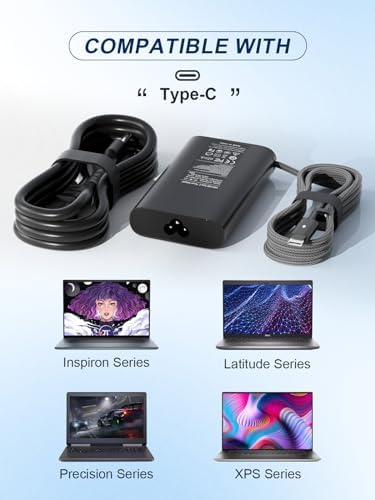 High-Power 100 W USB-C Laptop Charger for Dell Models – Fast Charging AC Adapter with Enhanced Compatibility for Latitude, Inspiron, and Precision Series – Eco-Friendly TPE Cable, Multiple Safety Protections, and Convenient Cable Management – Ideal Travel Companion for Home and Office Use