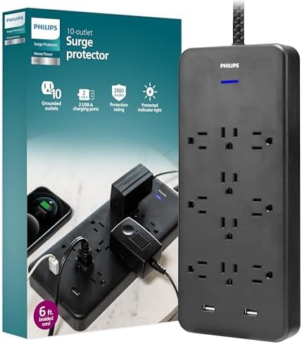 Philips EZFit Surge Protector with 3 Outlet Power Strip and 6 ft Braided Cord – Enhanced Charging Station Featuring 2 USB-A and 1 USB-C, 490 Joules of Surge Protection, Space-Saving Design in Sleek White for Home and Office Use