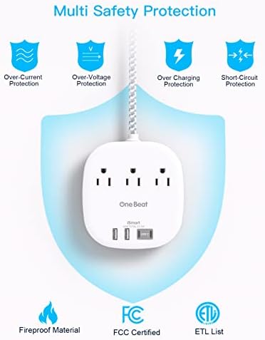10 Ft Flat Plug Power Strip with 3 AC Outlets & 4 USB Ports, Ideal Desktop Charging Station for Cruise Ships & Dorms – Compact Design & Fast Charging for Multi-Device Use