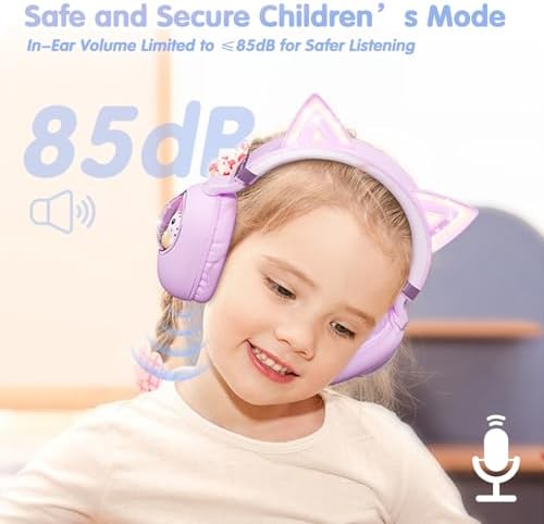 Bluetooth Cat Ear Kids Headphones – Wireless & Wired Over-Ear Noise Cancelling with Microphone, LED Lights, 85 d B Volume Limit for Safe Listening – Ideal for Travel & Home Use, Ultimate Comfort & Compatibility