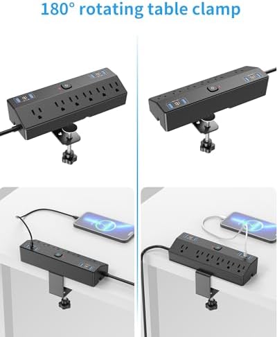 Ultimate Desk Clamp Power Strip with 10 FT Extension Cord – 6 AC Outlets & Dual USB-C Fast Charging Station for Seamless Office Connectivity – Removable Surge Protector for Up to 1.8″ Tabletop – Enhance Your Workspace Efficiency and Stay Powered Up