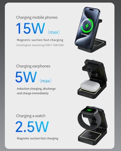 2025 Enhanced 3-in-1 Magnetic Wireless Charger: Foldable Nightlight Charging Station for i Phone, Apple Watch, and Air Pods – Ultimate Travel Companion with Mag Safe Compatibility and Rapid Charging Efficiency