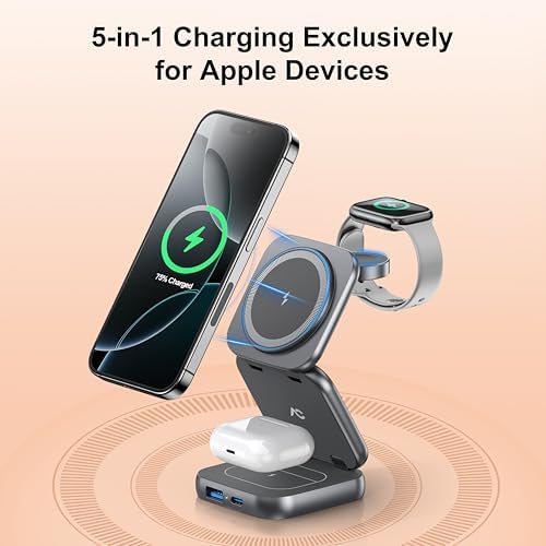 Revolutionize Your Charging Experience with AC Island 5-in-1 Portable Travel Wireless Charger – Fast 15 W Magnetic Stand for i Phone 16/15/14/13, Apple Watch & Air Pods, Includes 35 W Adapter, Ideal for On-the-Go Lifestyle and Enhanced Compatibility
